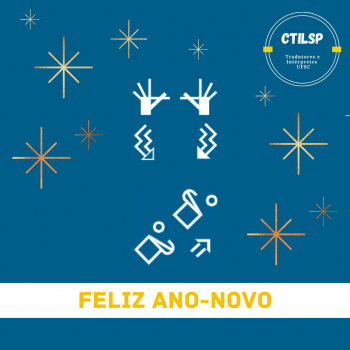 Card de feliz ano-novo com fundo azul. No canto direito superior, está logo da Ctilsp. No centro “feliz ano-novo” em escrita de sinais em branco, seguido da tradução em português com letras amarelas em uma faixa branca. Em torno do texto nas duas línguas estão fogos de artifício nas cores amarela, laranja e vermelho.